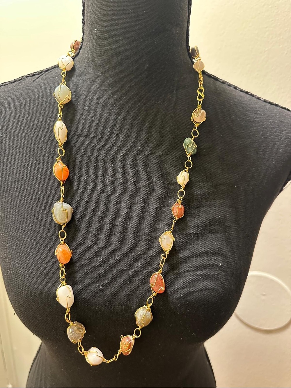 Vintage Wire Wrapped Tumbled Agate Natural Stone Long Chain Station Necklace